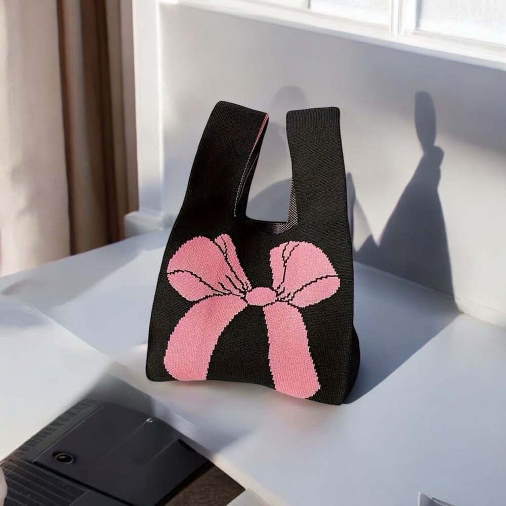Stylish Black Pink Bow Knit Style Handbag Fashionable Design Versatile Wristlet‎